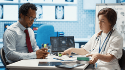A female doctor in a white coat discusses medical documents with a male patient in an office. Medical images and a laptop are on the desk, and X-ray scans are visible in the background.