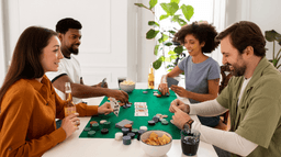 Four friends sit around a table playing poker, smiling and holding cards and drinks. The table is covered with poker chips, cards, and snacks. There are plants and bright light in the background.